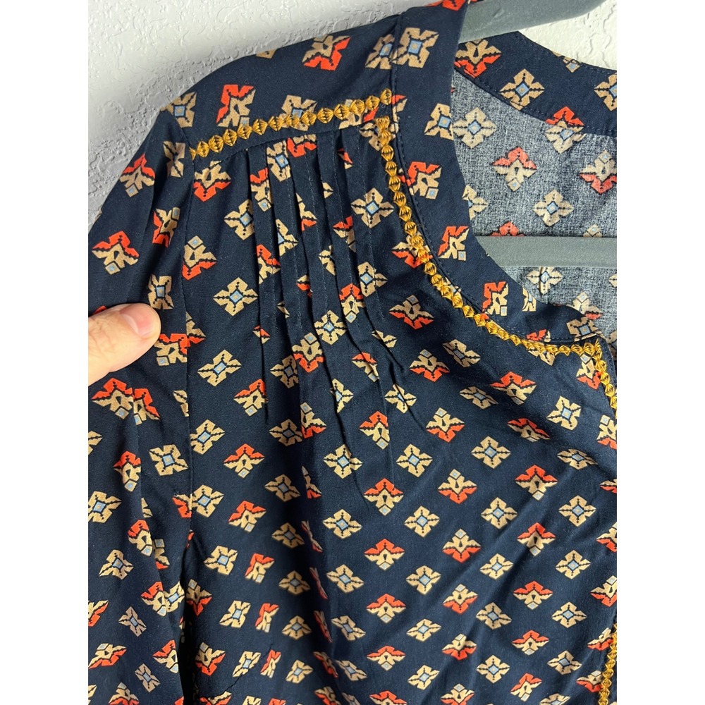 J.Jill Geometric Print Split Neck Blouse Size Medium Navy Yellow Boho Careerwear - Picture 6 of 9